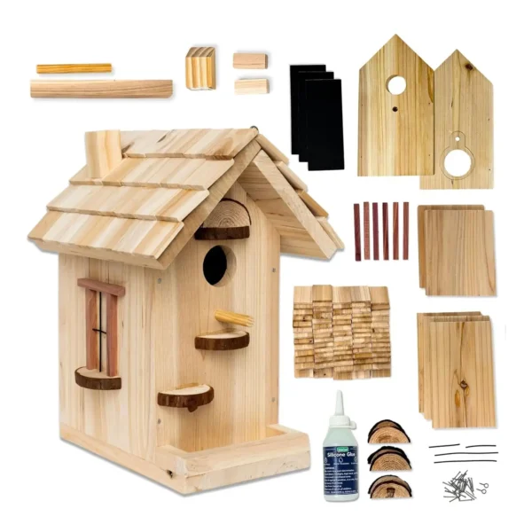 DIY wooden birdhouse kit with all pieces displayed, including wood panels, shingles, glue, nails, and accessories.