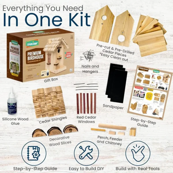 Birdhouse kit box with labeled components laid out, showing wood pieces, glue, sandpaper, nails, and instruction manual.