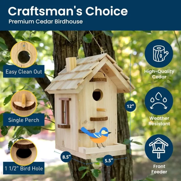 Assembled cedar birdhouse hanging outdoors on a tree, labeled with key features like easy clean-out hole and weather resistance.