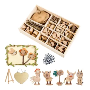A DIY wood craft kit with a box of assorted natural wood slices, sample animal figurines, and decorative plaques, offering endless creative possibilities.