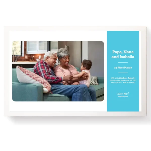 Box of a personalized photo puzzle with a family picture and custom label displaying names and puzzle details.