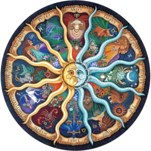 Colorful round zodiac-themed jigsaw puzzle with all 12 horoscope signs illustrated around a radiant sun and moon center.