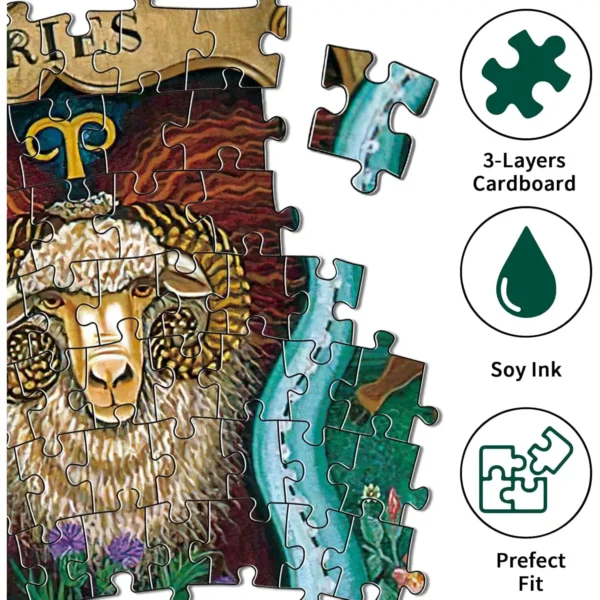 Close-up of Aries section of the zodiac puzzle, showing sturdy cardboard pieces and icons indicating 3-layer cardboard, soy ink, and perfect fit.
