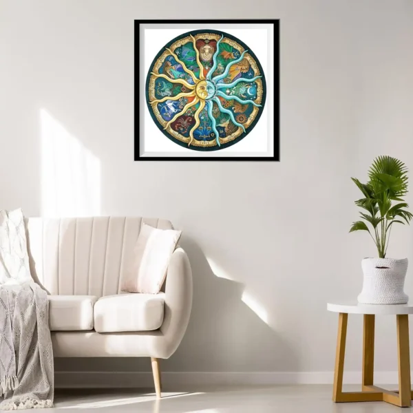 Finished zodiac puzzle framed and displayed as wall art in a modern living room above a white sofa.