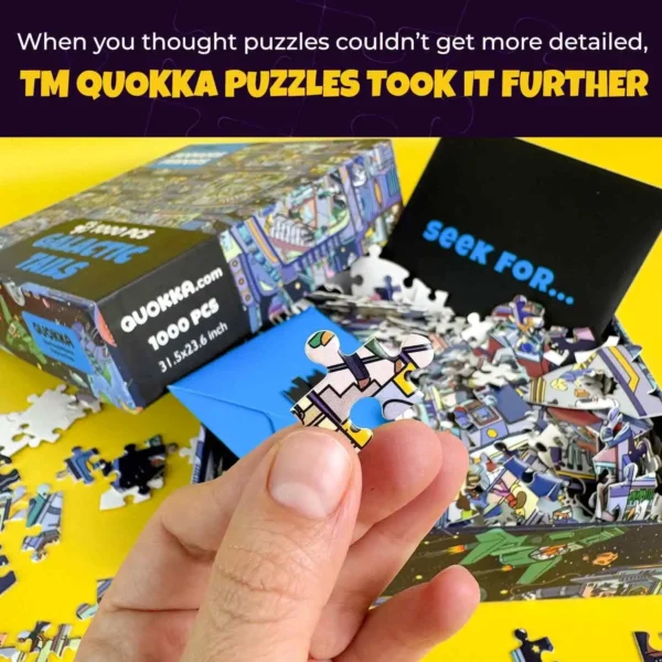 Close-up of a hand holding a puzzle piece from the Quokka Galactic Tails 1000-piece set.