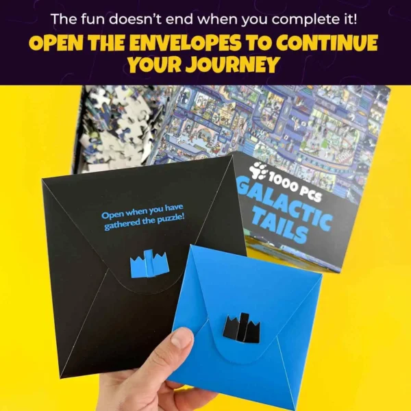 Two envelopes labeled "Open when you have gathered the puzzle" included with the Quokka Galactic Tails puzzle.