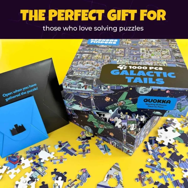 Galactic Tails 1000-piece puzzle pieces scattered on a yellow table with the box and envelopes.