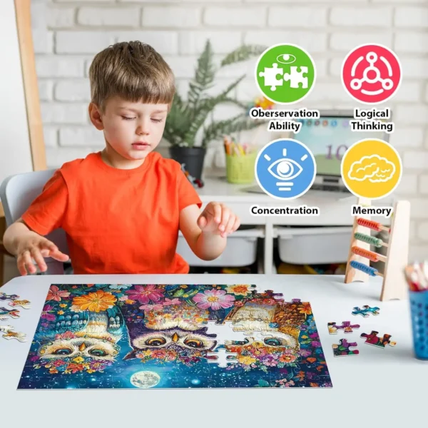 Young boy in an orange shirt working on a bright owl-themed jigsaw puzzle with icons highlighting observation, logic, concentration, and memory.