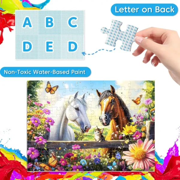 Hand holding a puzzle piece showing letters on the back, with a finished puzzle of two horses and a kitten in a flower-filled meadow.