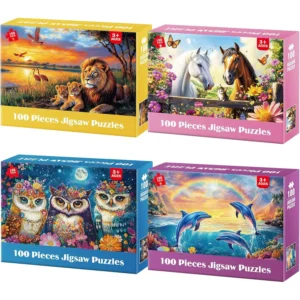 Set of four colorful 100-piece jigsaw puzzles in boxes featuring lions, horses, owls, and dolphins.
