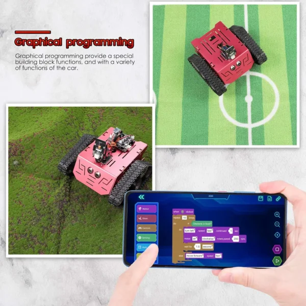 Red tracked robot car shown navigating grass and a sports field, with a close-up of graphical programming on a smartphone screen.