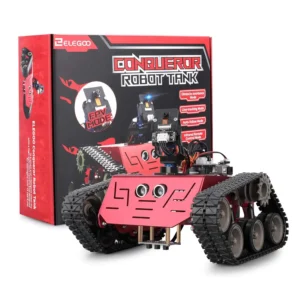 Red ELEGOO Conqueror Robot Tank positioned in front of its branded box featuring mode highlights like obstacle avoidance and FPV.