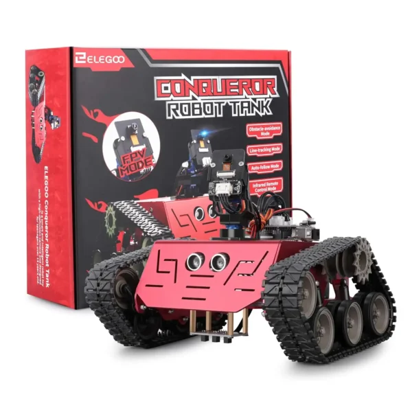 Red ELEGOO Conqueror Robot Tank positioned in front of its branded box featuring mode highlights like obstacle avoidance and FPV.