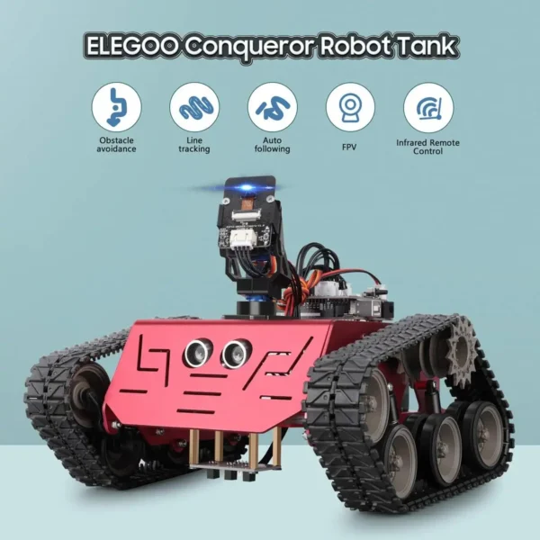 Close-up of the ELEGOO Conqueror Robot Tank with icons highlighting features like obstacle avoidance, line tracking, auto-following, FPV, and infrared control.