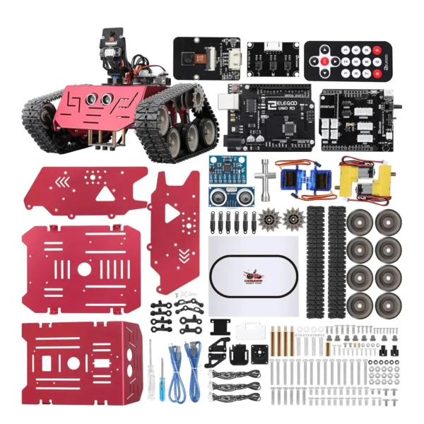 Complete robot tank kit layout showing all components, including red chassis plates, tracks, motors, sensors, control boards, and tools.