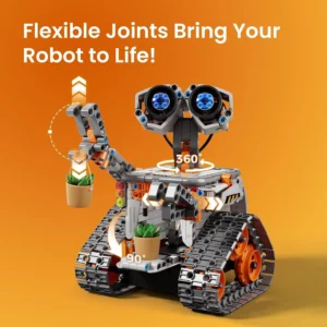 Close-up of a robot building kit with flexible joints and tracks, showing rotation angles and movable parts on an orange background.