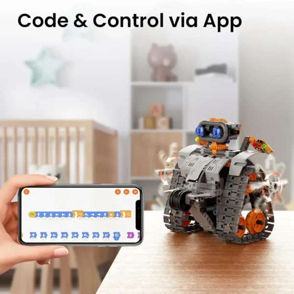 Smartphone displaying block-based coding while controlling a tracked robot on a tabletop in a cozy room.