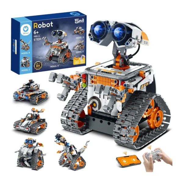 5-in-1 robot building kit with large robot and multiple model options shown, alongside the box and remote control.