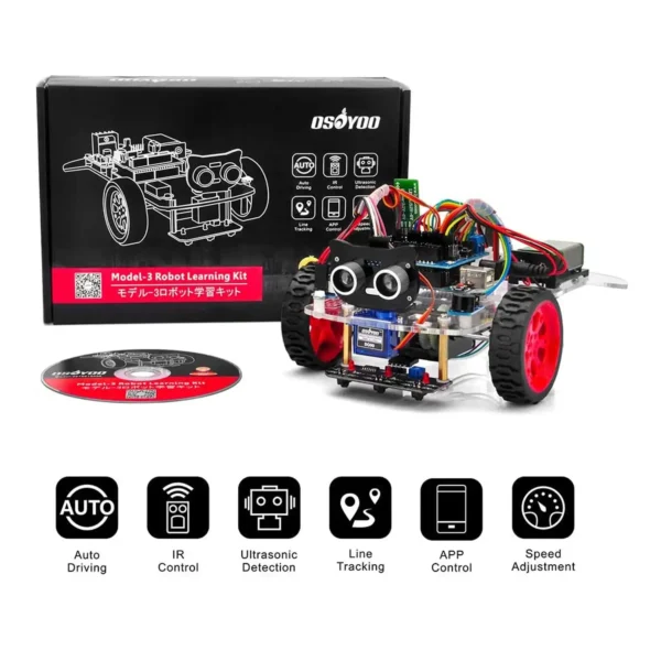 OSOYOO Model-3 robot car kit displayed in front of its box and CD, with feature icons for auto driving, IR control, ultrasonic detection, line tracking, app control, and speed adjustment.