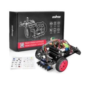 Close-up of the OSOYOO Model-3 robot car with its box and user manual, highlighting wiring and electronic components.