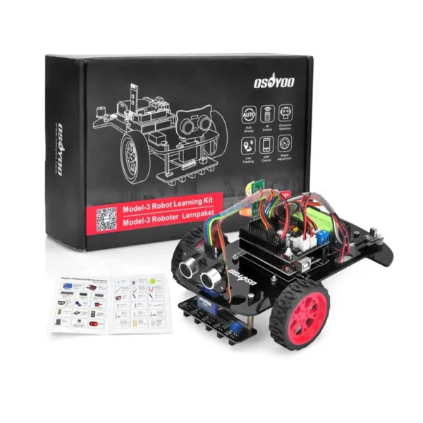 Close-up of the OSOYOO Model-3 robot car with its box and user manual, highlighting wiring and electronic components.