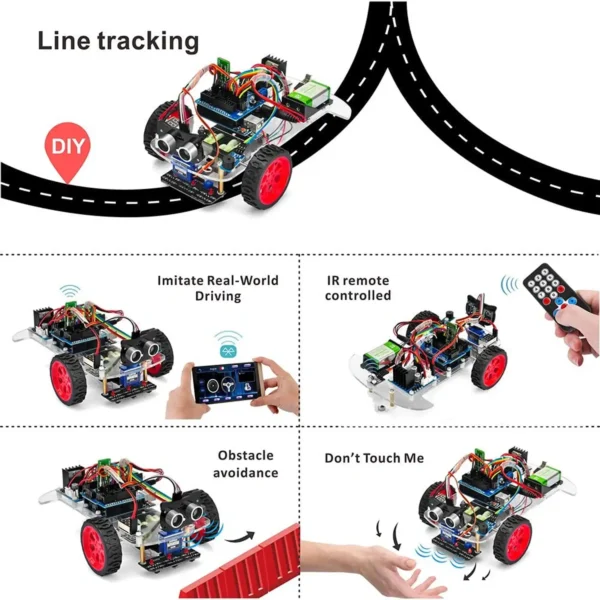 Collage of the OSOYOO robot car demonstrating line tracking, app and IR remote control, obstacle avoidance, and interactive reactions.