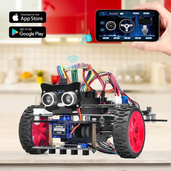 OSOYOO robot car on a table being controlled via a Bluetooth app on a smartphone, with app store logos for easy download.