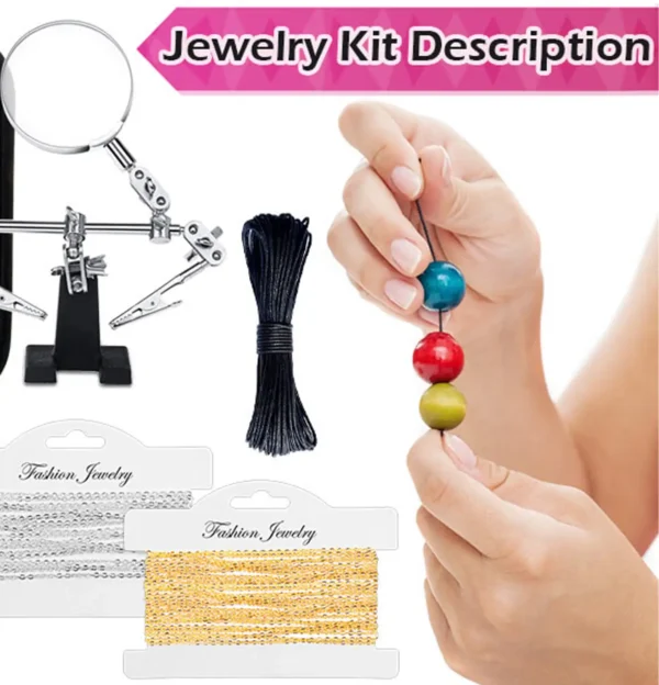 Hands threading colorful beads onto black cord with jewelry-making tools and chains nearby.