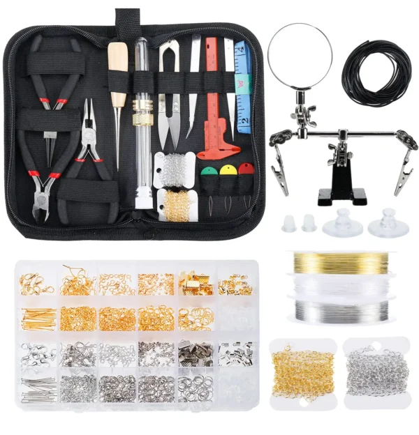 Open jewelry-making kit with pliers, wires, chains, and magnifying stand neatly organized.