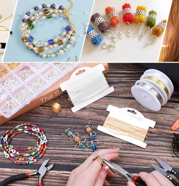 Jewelry-making workspace with colorful beads, pliers, wire spools, and finished earrings.