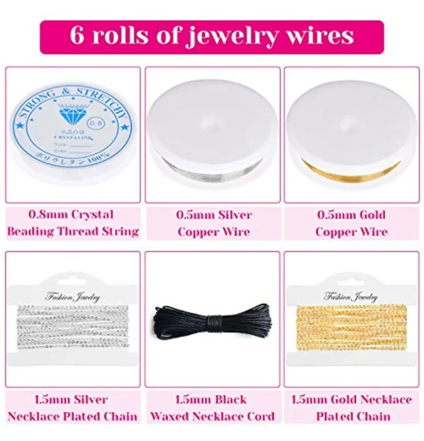 Display of six jewelry wires and cords including beading string, silver and gold wire, and necklace chains.