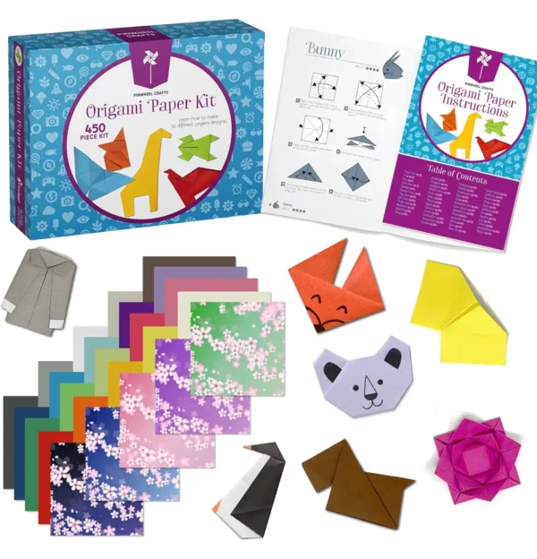 Origami paper kit with 450 sheets, instruction booklet, and completed animal designs.