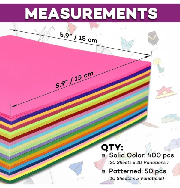 Stack of multi-colored origami paper sheets with size measurements of 5.9 inches by 5.9 inches.