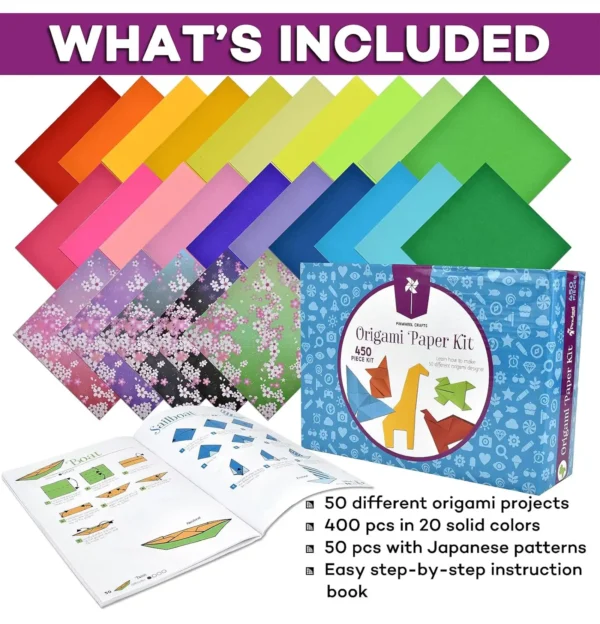 Full display of origami kit contents including colorful papers, box, and instruction book.