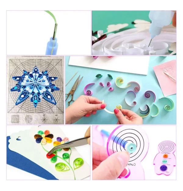 A collage of paper quilling projects and tools, featuring close-ups of hands shaping colorful paper coils, applying glue, and using various crafting tools.