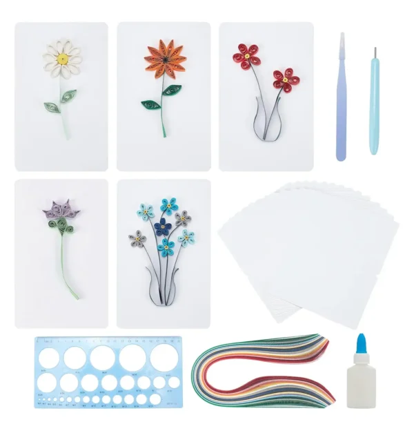 A complete paper quilling kit with flower pattern templates, tools like tweezers and slotted pens, glue, paper strips, and instruction cards displaying floral designs.