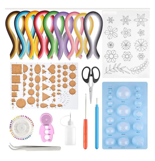 A large paper quilling kit with multicolored paper strips, corkboards with shapes, scissors, glue, tools, and pattern templates for creative crafting.