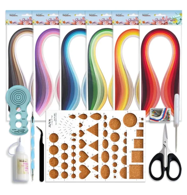 Premium paper quilling kit with colorful paper strips, cork shape boards, glue, scissors, and precision tools, neatly arranged with labeled packaging.