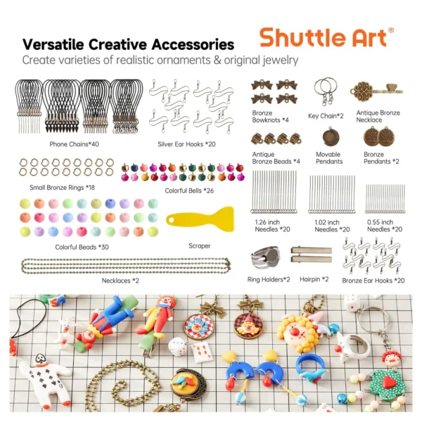 A complete polymer clay accessory set featuring phone chains, silver ear hooks, colorful beads, bells, bronze pendants, and creative jewelry-making supplies.