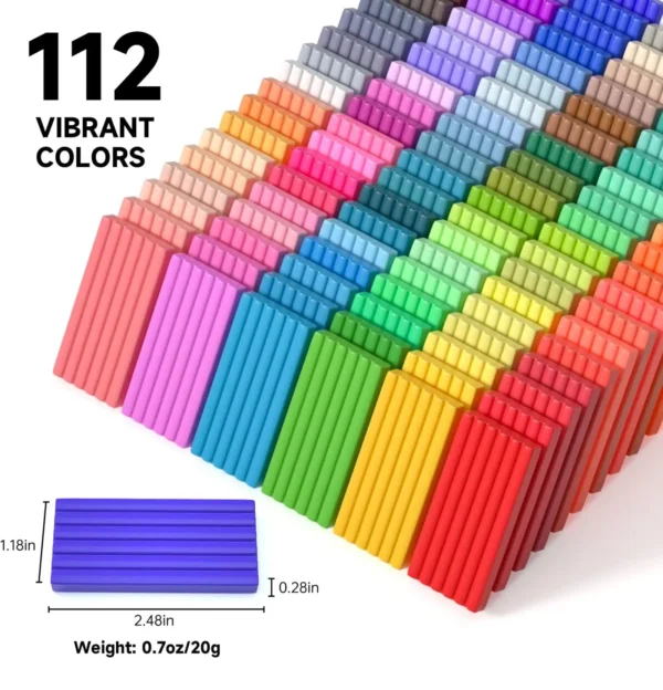 A vibrant array of 112 colorful polymer clay blocks neatly stacked, each labeled with precise measurements and weight.