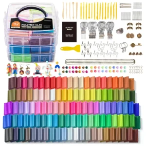 A full polymer clay starter kit featuring colorful clay blocks, sculpting tools, jewelry accessories, and a portable storage case.