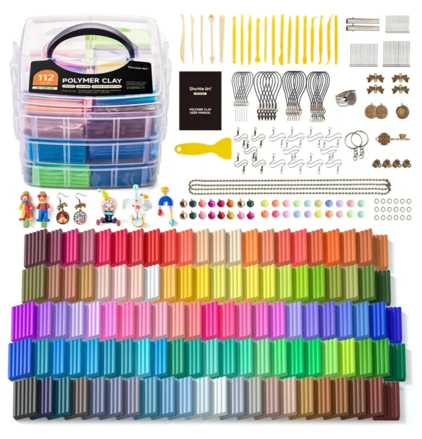 A full polymer clay starter kit featuring colorful clay blocks, sculpting tools, jewelry accessories, and a portable storage case.