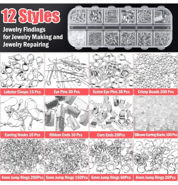 Close-up view of 12 styles of jewelry findings organized in a plastic container, with labeled sections for each type.