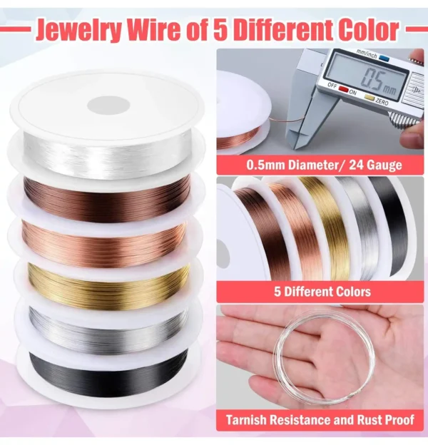 Five spools of jewelry wire in different colors and a close-up showing wire thickness with calipers.