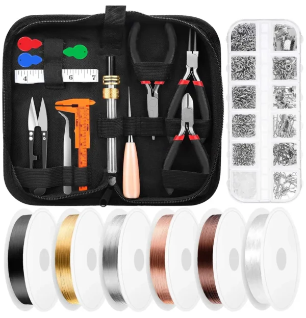 Full jewelry making kit layout showing tools, 12-style findings box, and five spools of colorful wire.