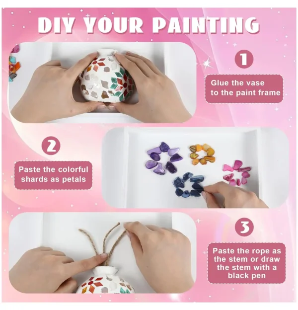 Step-by-step guide showing how to glue the vase, arrange mosaic petals, and attach rope stems in a DIY flower art kit.