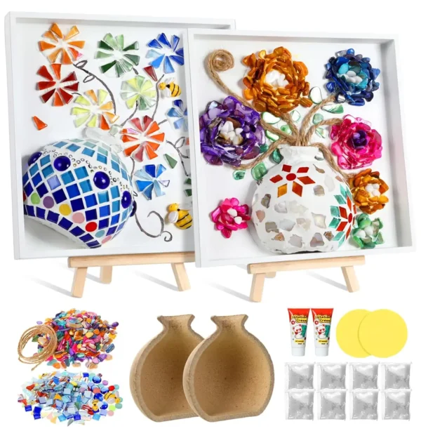 Complete mosaic flower art kit including two mini vases, colorful mosaic pieces, ropes, glue tubes, sponges, and finished artwork samples on easels.