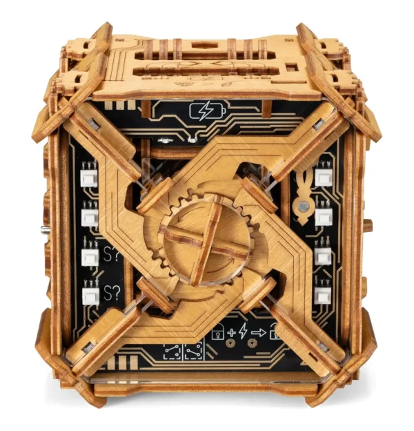 Close-up view of an intricate wooden mechanical puzzle box with visible gears and circuit-style design.