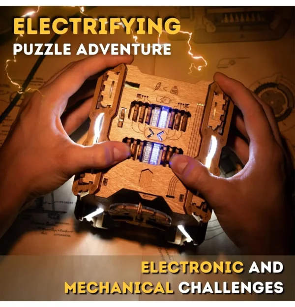 Hands holding a glowing wooden puzzle box with bright blue lights and bold text reading "Electrifying Puzzle Adventure."