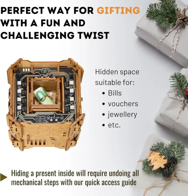 Puzzle box opened to reveal hidden compartment, next to Christmas gifts with text describing its gifting potential.